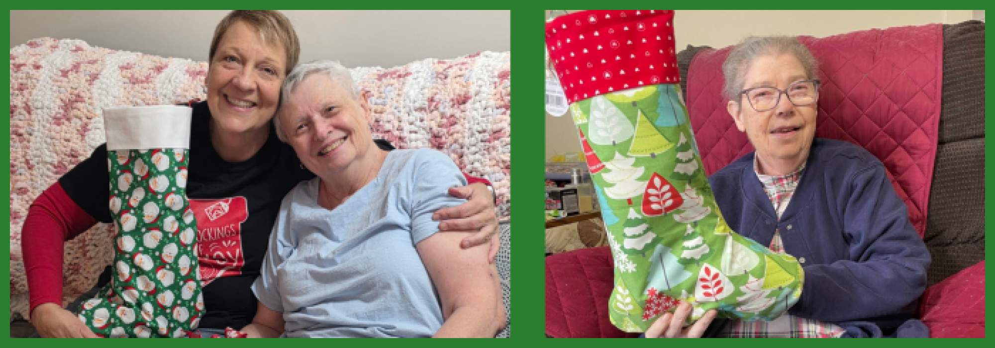 Older friends receiving Christmas Stockings of Joy