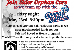 Join Elder Orphan Care May 23, 2025 to cheer on the CannonBallers and raise funds for our Safe and Loved at Home program